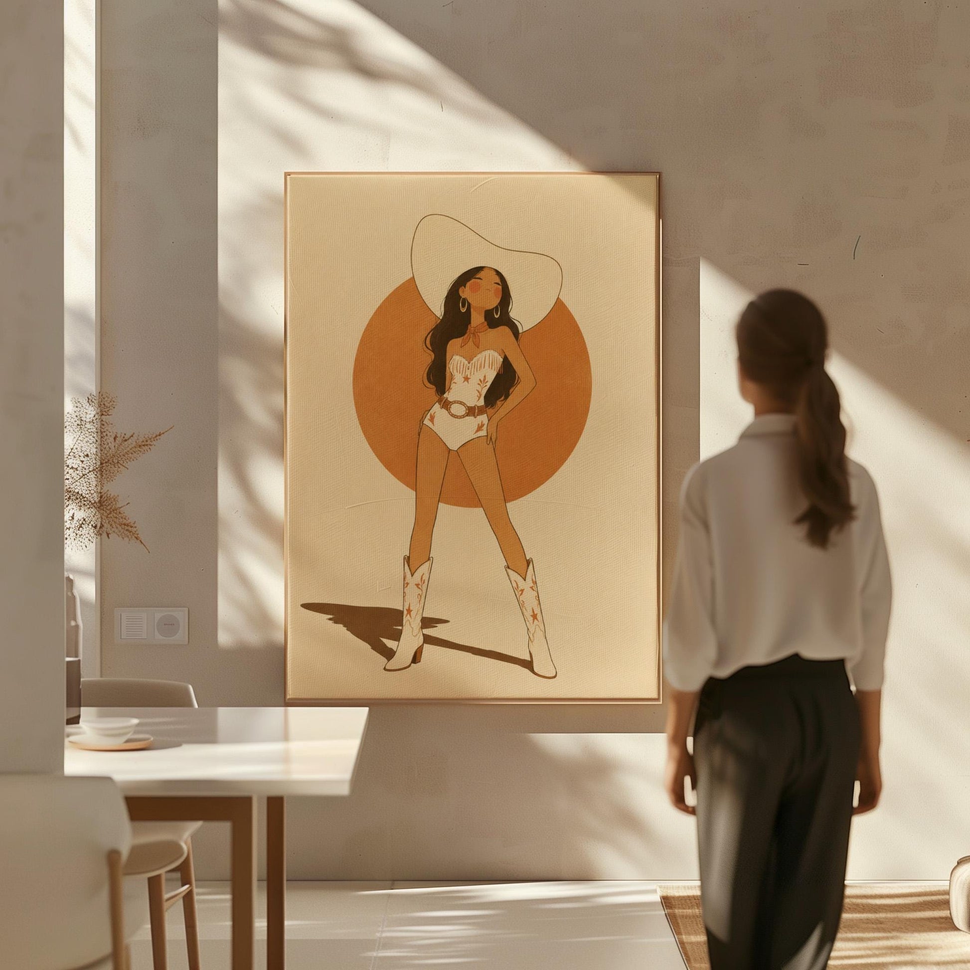 Cowgirl in a white star bodysuit against a large burnt orange sun disc, canvas wall art seen in a warm interior with natural light