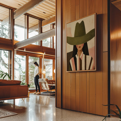 Faceless cowgirl portrait under a broad olive green hat, canvas print seen in a warm interior with natural light