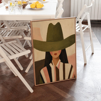 Faceless cowgirl portrait under a broad olive green hat, canvas print on a quiet wall in a considered interior