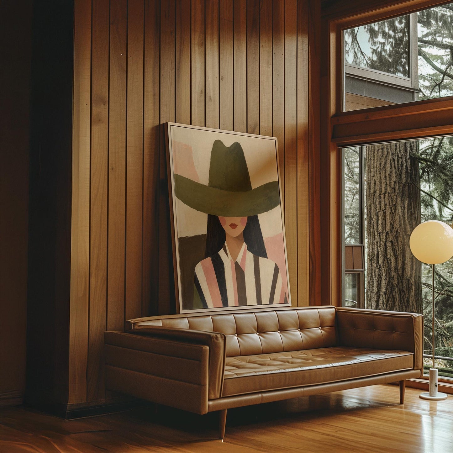 Faceless cowgirl portrait under a broad olive green hat, canvas print shown in a sunlit, contemporary room