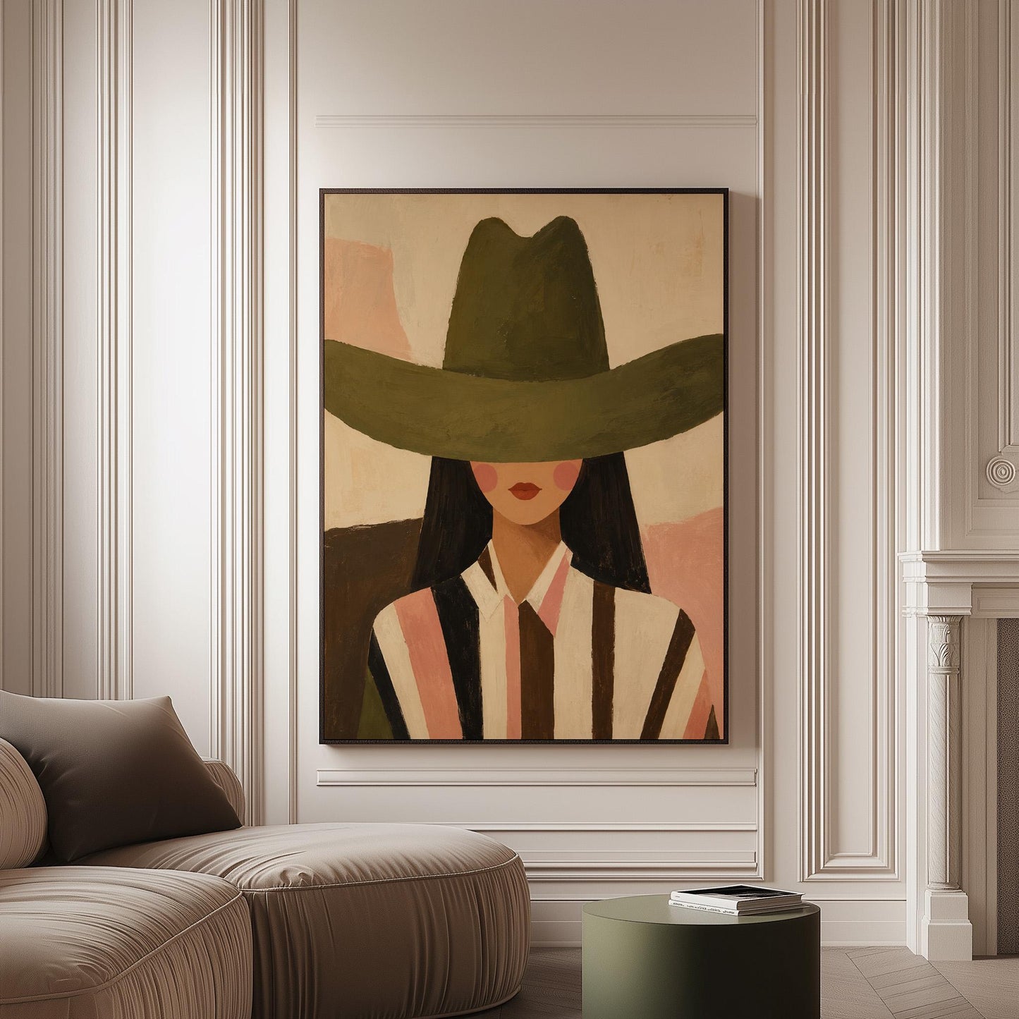 Faceless cowgirl portrait under a broad olive green hat, canvas print on a softly lit wall in a calm interior