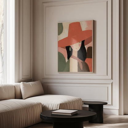 Woman in a wide coral hat with jade earring on blocked color, canvas print hanging in a calm, modern living space