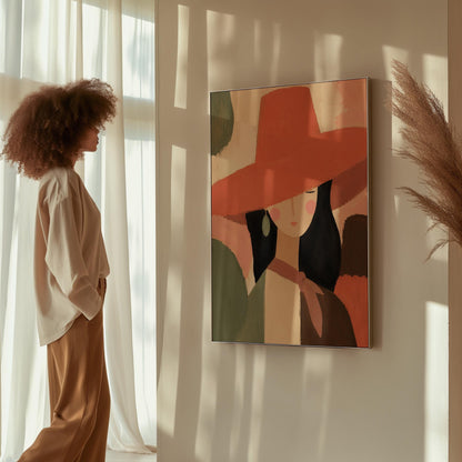 Woman in a wide coral hat with jade earring on blocked color, canvas print presented in a light, minimal room