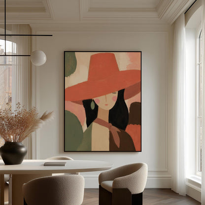Woman in a wide coral hat with jade earring on blocked color, canvas print displayed on a neutral wall in a styled interior