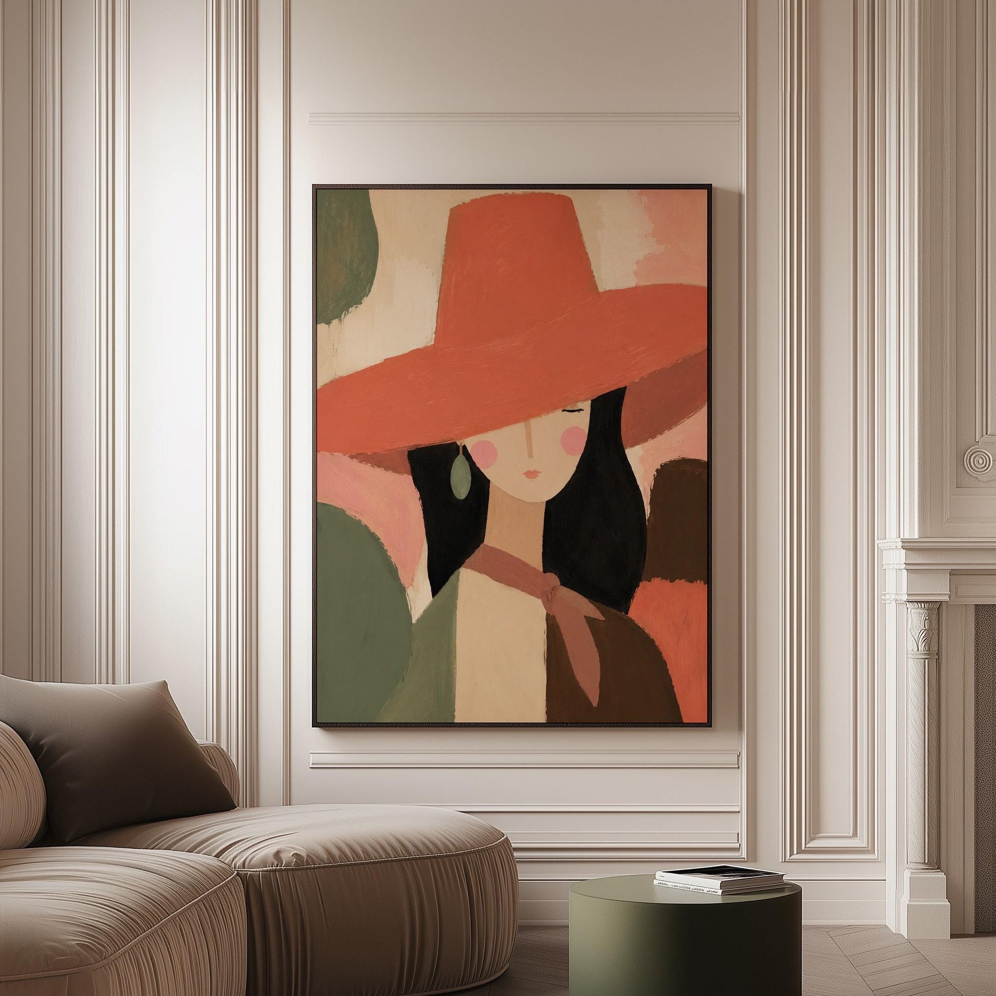 Woman in a wide coral hat with jade earring on blocked color, canvas print on a softly lit wall in a calm interior