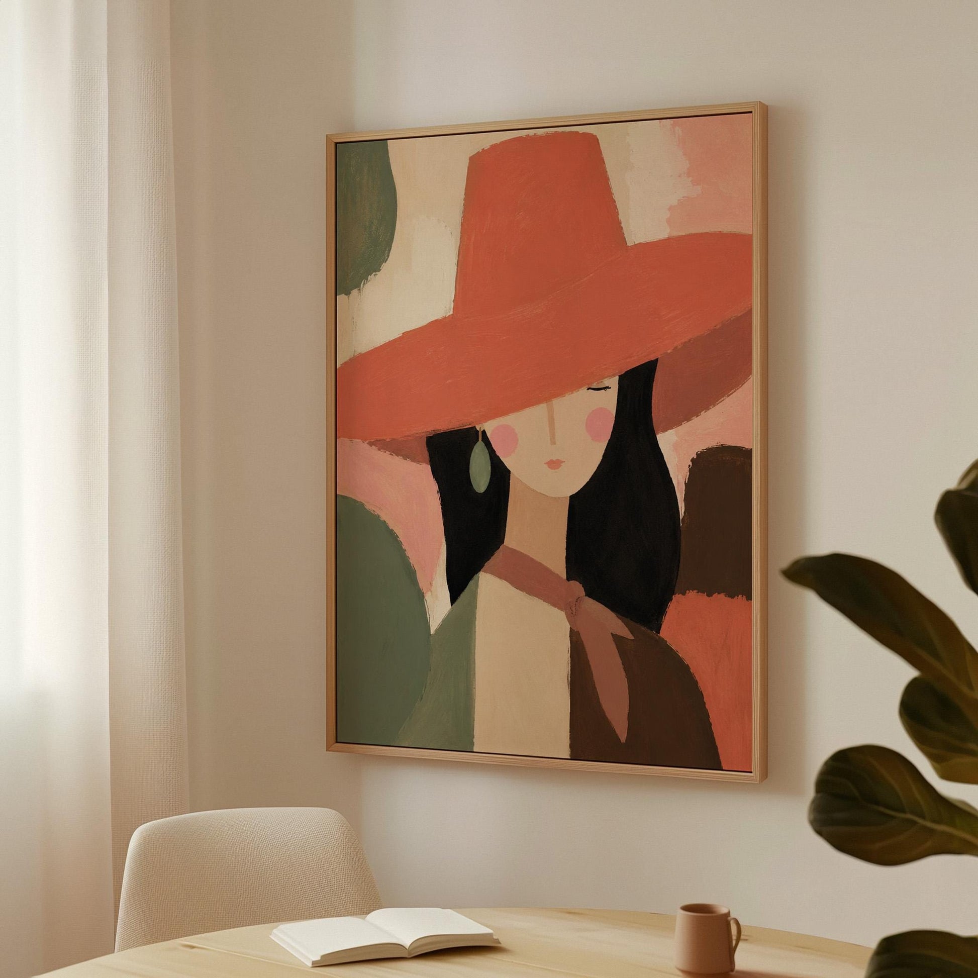 Woman in a wide coral hat with jade earring on blocked color, canvas wall art styled against a soft white wall