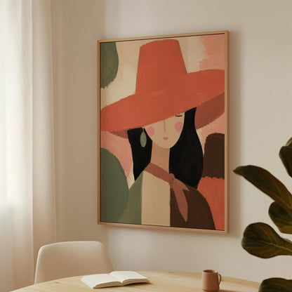 Woman in a wide coral hat with jade earring on blocked color, canvas wall art styled against a soft white wall