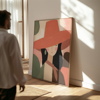 Woman in a wide coral hat with jade earring on blocked color, canvas wall art on a quiet wall in a considered interior