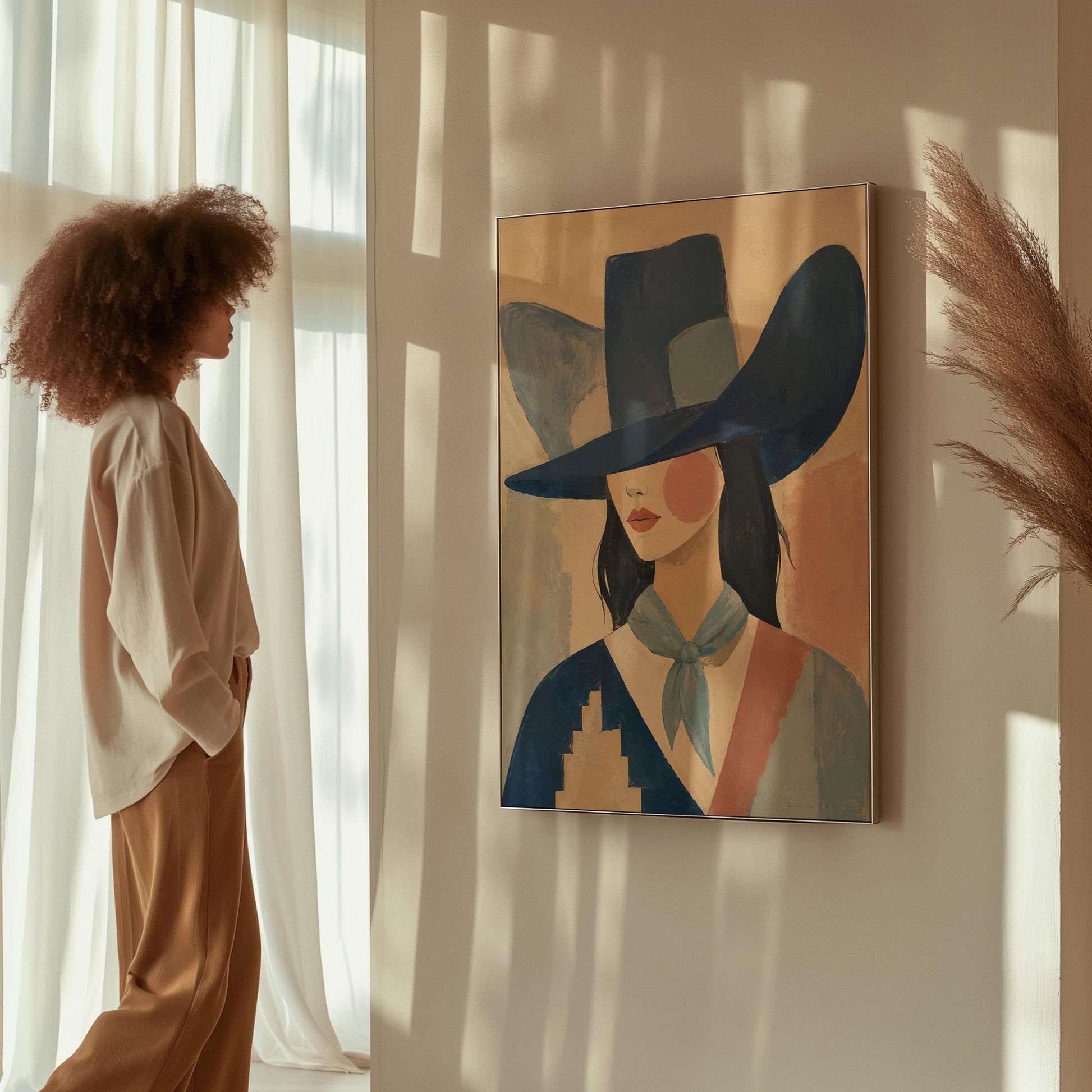 Cowgirl in a deep blue hat and pale scarf on a soft abstract ground, canvas print presented in a light, minimal room