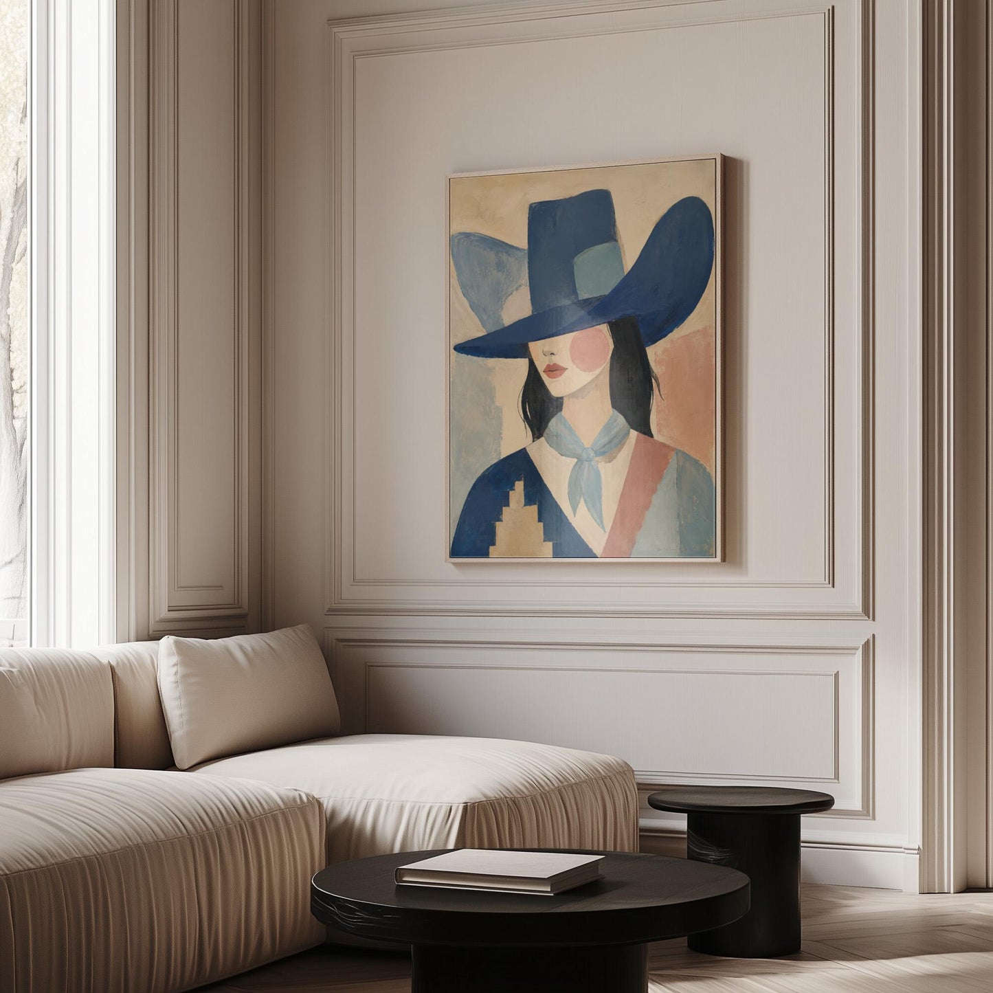 Cowgirl in a deep blue hat and pale scarf on a soft abstract ground, canvas wall art hanging in a calm, modern living space