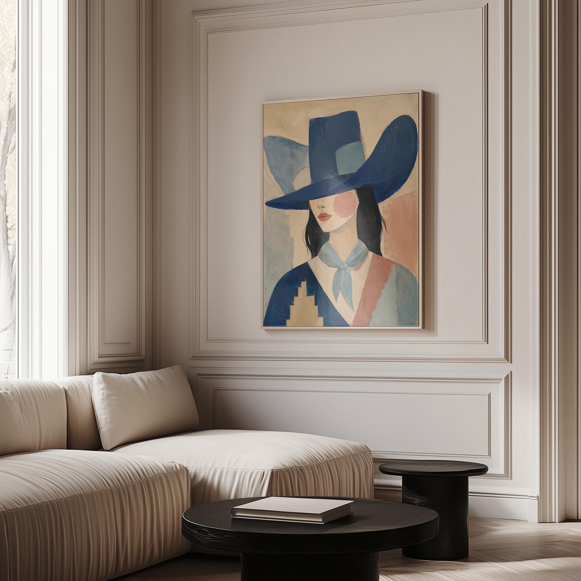 Cowgirl in a deep blue hat and pale scarf on a soft abstract ground, canvas wall art hanging in a calm, modern living space