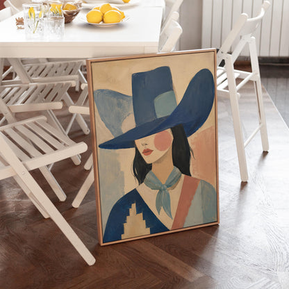 Cowgirl in a deep blue hat and pale scarf on a soft abstract ground, canvas print on a quiet wall in a considered interior