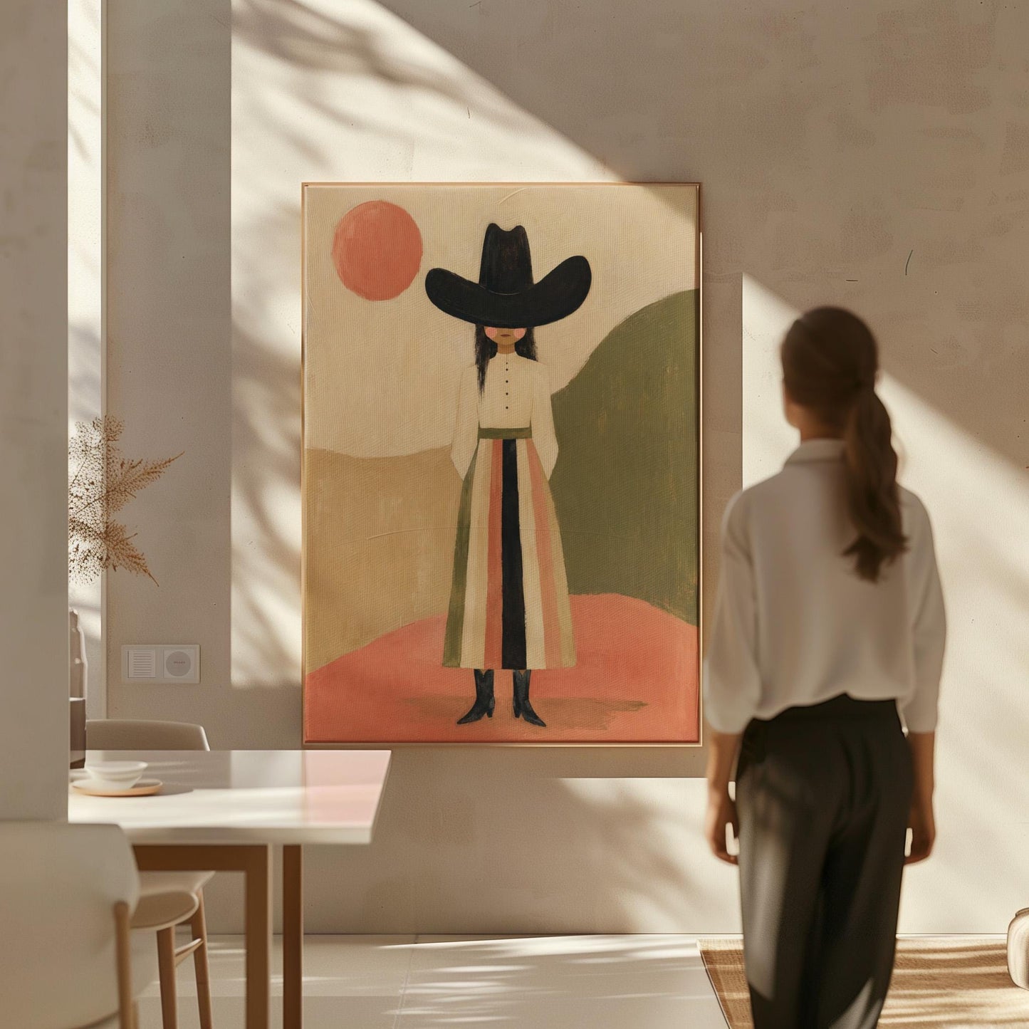 Figure in black cowboy hat standing between coral desert hills, canvas wall art styled against a soft white wall
