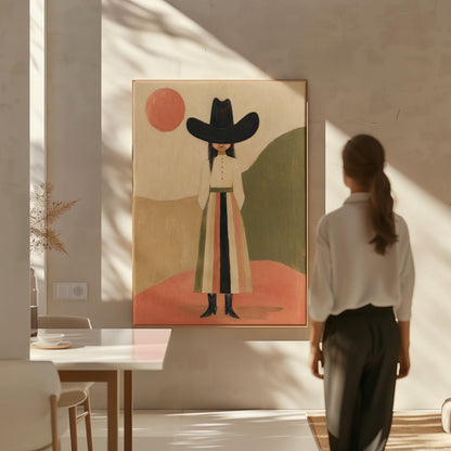 Figure in black cowboy hat standing between coral desert hills, canvas wall art styled against a soft white wall