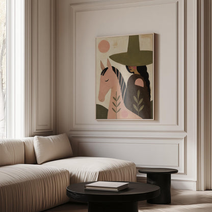 Pink horse beside a cowgirl in an olive hat with leaf motifs, canvas print displayed on a neutral wall in a styled interior