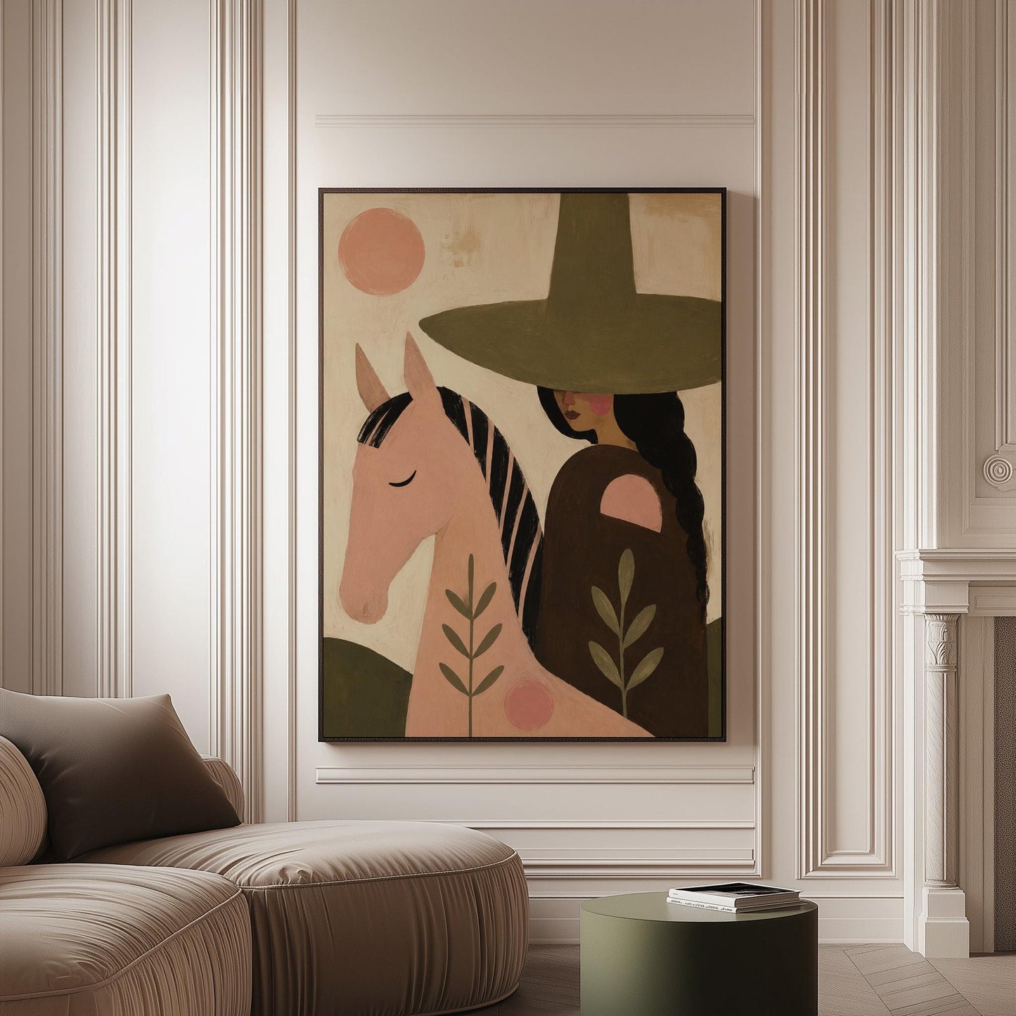 Pink horse beside a cowgirl in an olive hat with leaf motifs, canvas print on a softly lit wall in a calm interior