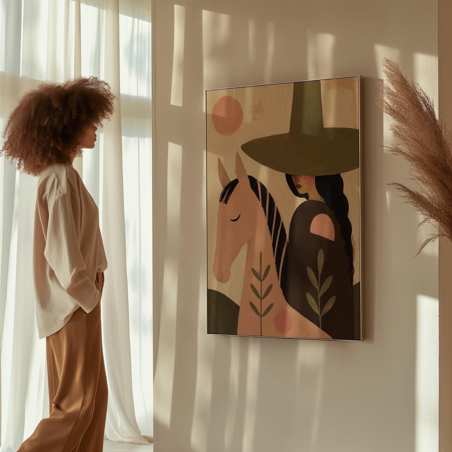 Pink horse beside a cowgirl in an olive hat with leaf motifs, canvas wall art on a quiet wall in a considered interior