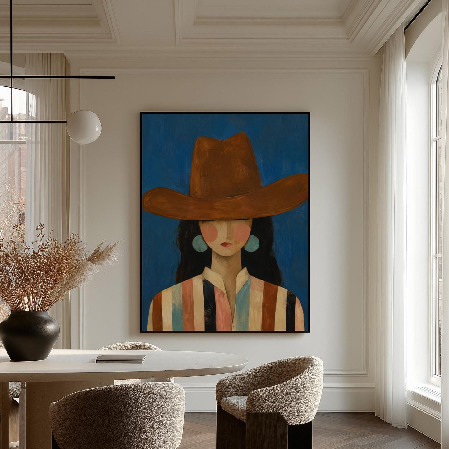 Cowgirl in a brown hat and turquoise earrings on cobalt blue, canvas print hanging in a calm, modern living space