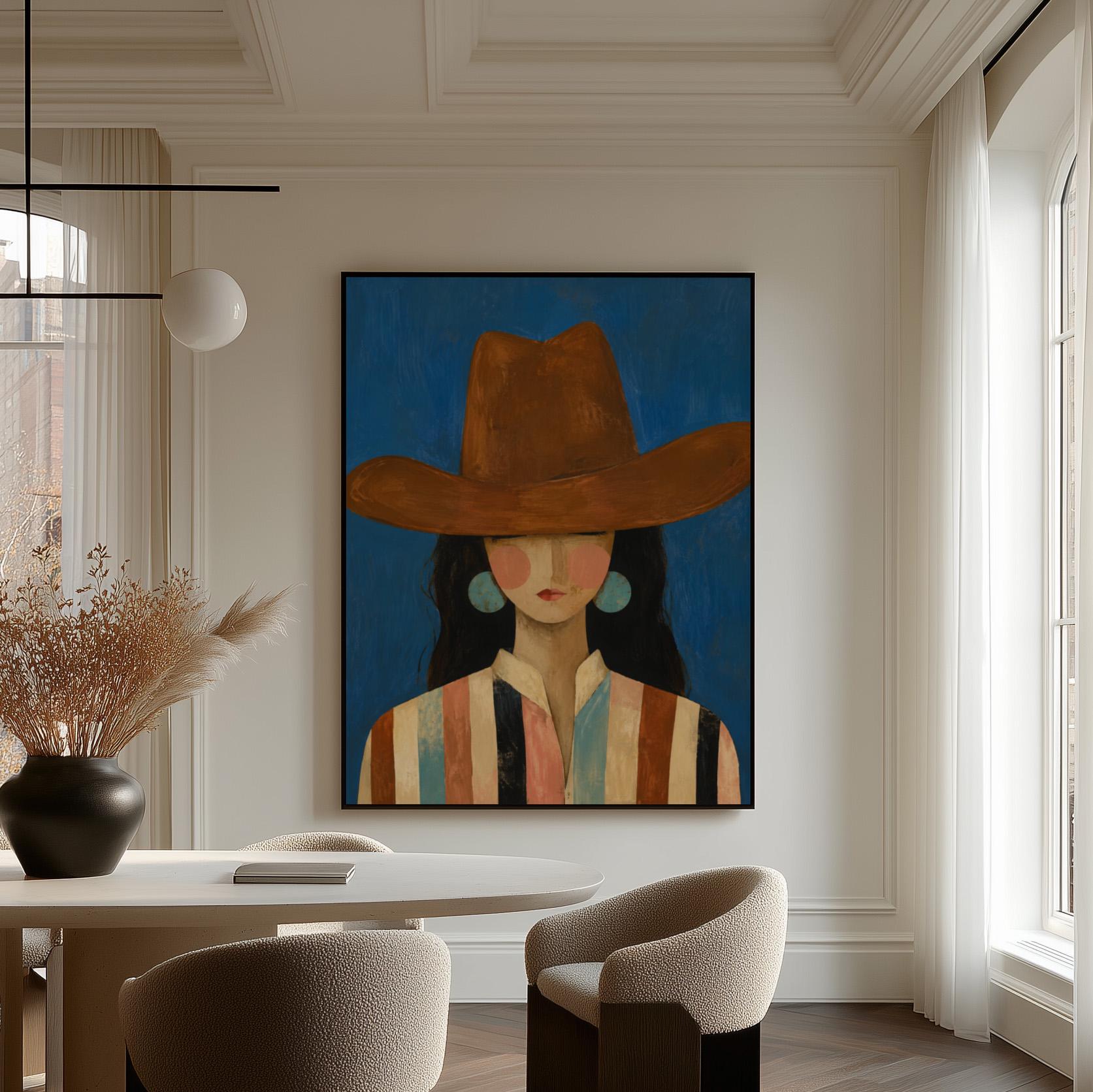 Cowgirl in a brown hat and turquoise earrings on cobalt blue, canvas print hanging in a calm, modern living space