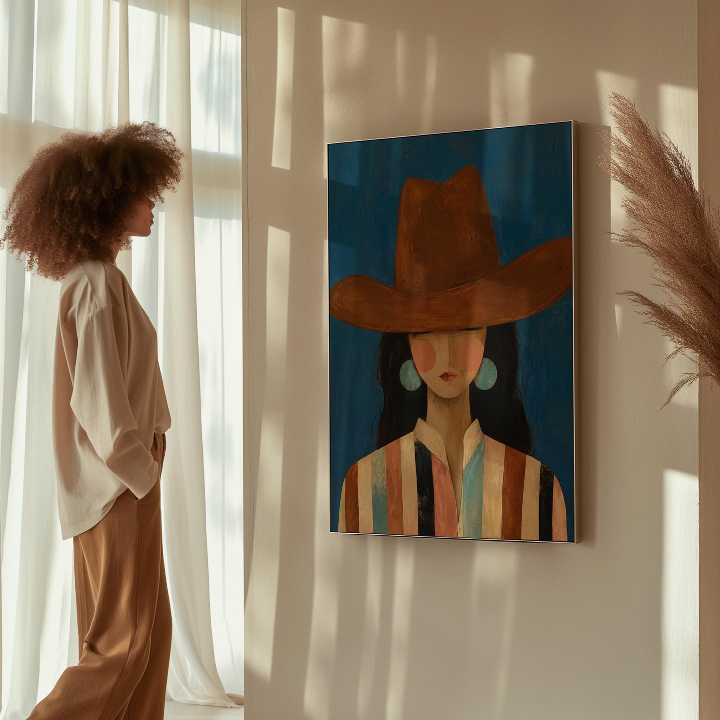 Cowgirl in a brown hat and turquoise earrings on cobalt blue, canvas print styled against a soft white wall
