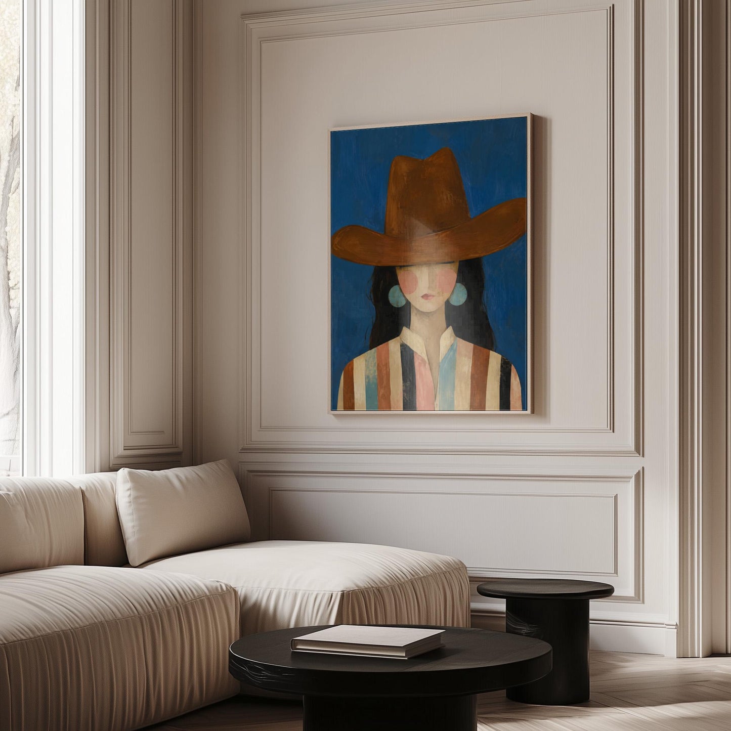 Cowgirl in a brown hat and turquoise earrings on cobalt blue, canvas print on a quiet wall in a considered interior