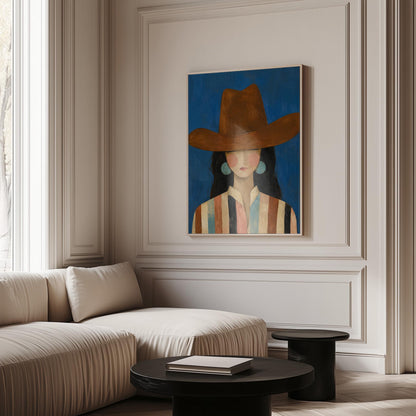 Cowgirl in a brown hat and turquoise earrings on cobalt blue, canvas print on a quiet wall in a considered interior
