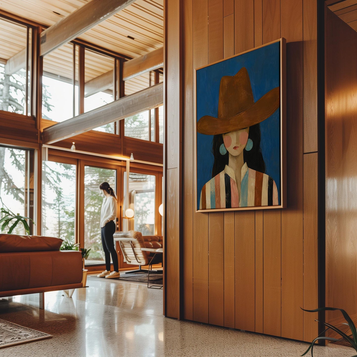 Cowgirl in a brown hat and turquoise earrings on cobalt blue, canvas print shown to scale in a furnished room