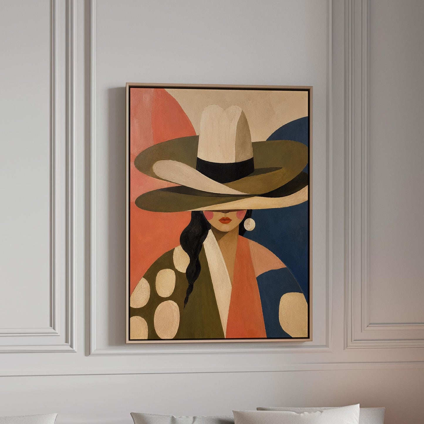 Cowgirl in a tall cream hat and spotted coat on coral and navy, canvas print in a bright room with natural daylight