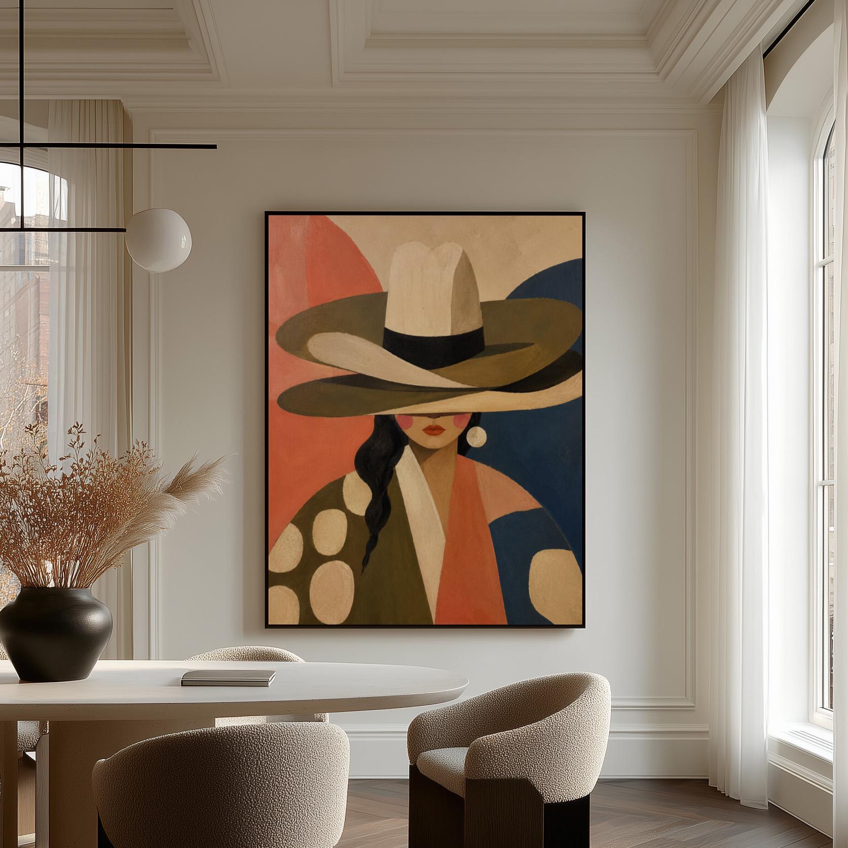 Cowgirl in a tall cream hat and spotted coat on coral and navy, canvas print hanging in a calm, modern living space