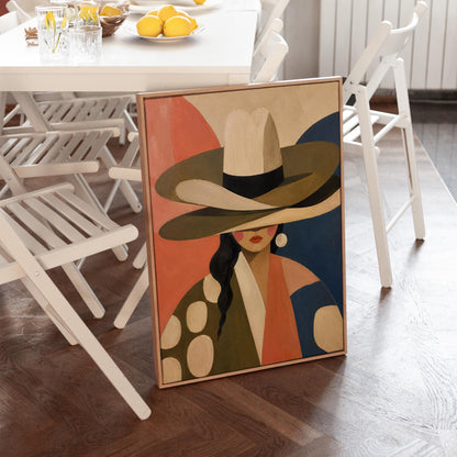 Cowgirl in a tall cream hat and spotted coat on coral and navy, canvas print on a quiet wall in a considered interior