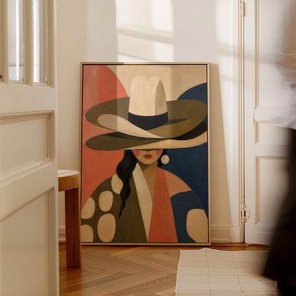 Cowgirl in a tall cream hat and spotted coat on coral and navy, canvas wall art hanging in a calm, modern living space