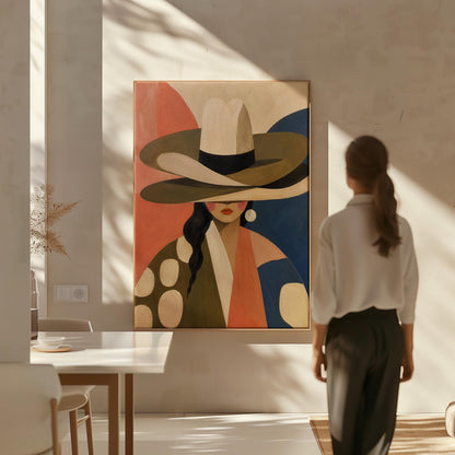 Cowgirl in a tall cream hat and spotted coat on coral and navy, canvas wall art styled against a soft white wall