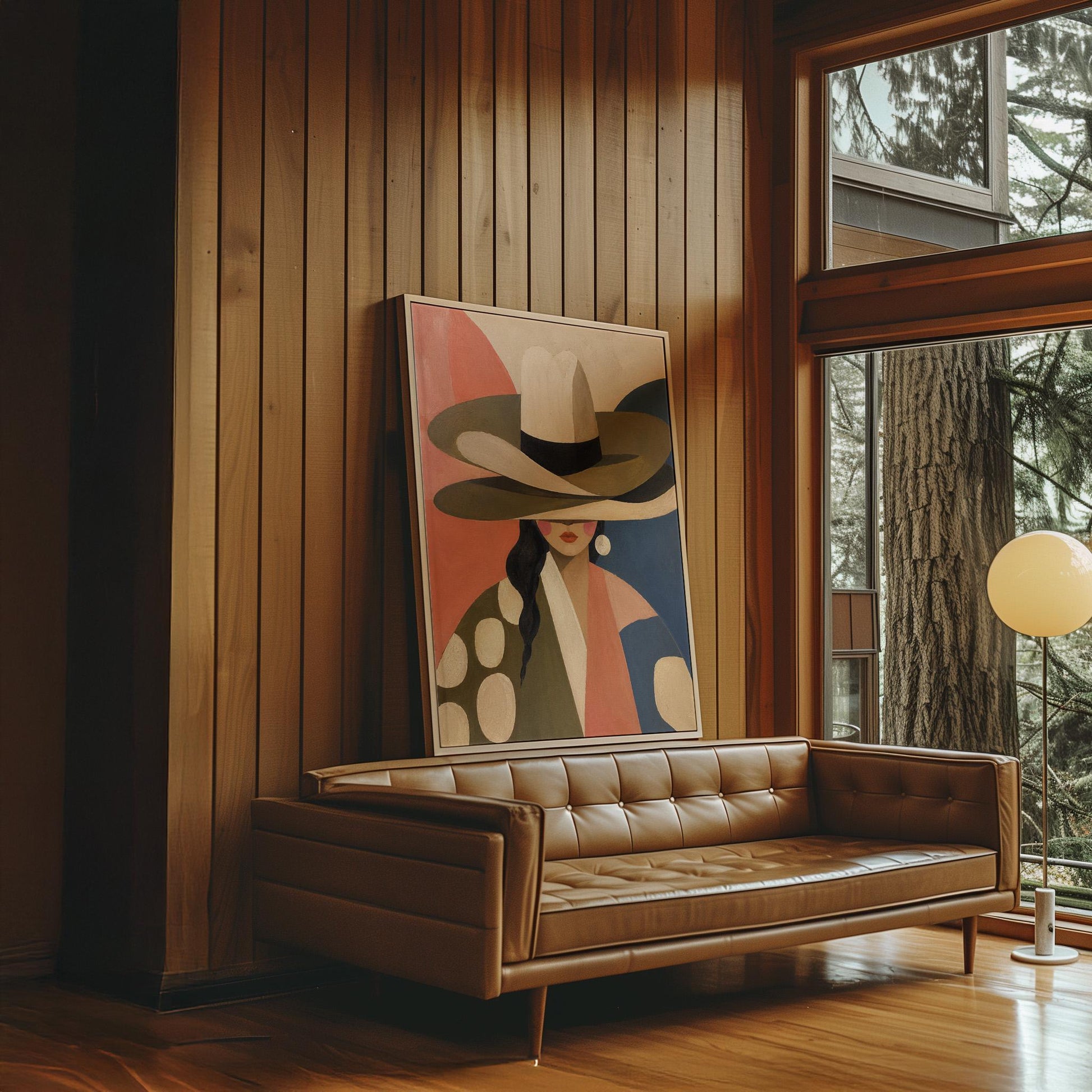 Cowgirl in a tall cream hat and spotted coat on coral and navy, canvas wall art seen in a warm interior with natural light