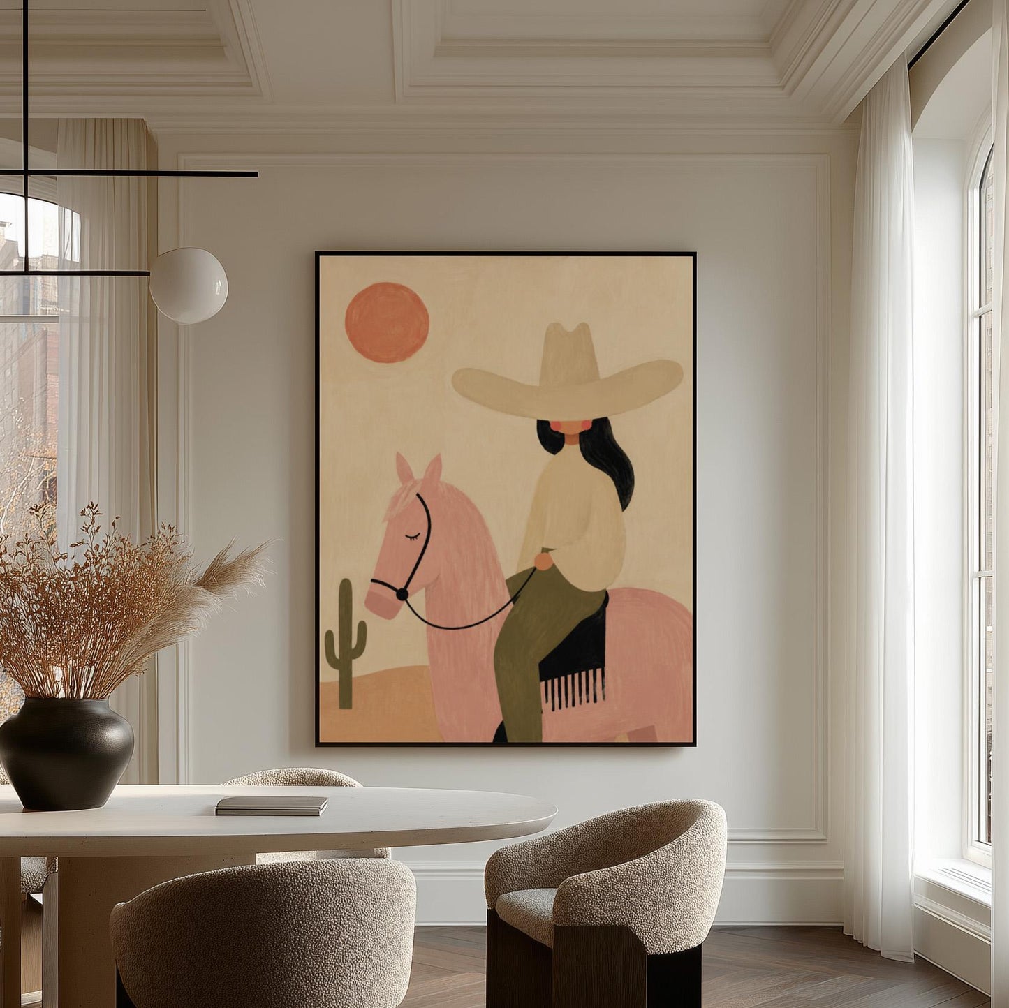 Cowgirl in a pale hat riding a soft pink horse past a desert cactus, canvas wall art presented in a light, minimal room