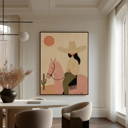 Cowgirl in a pale hat riding a soft pink horse past a desert cactus, canvas wall art presented in a light, minimal room