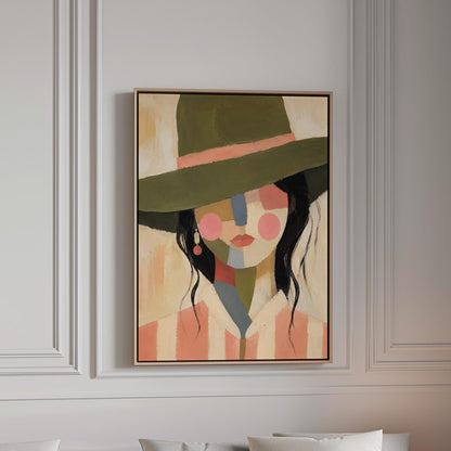 Cowgirl in olive hat with a patchwork face of soft color blocks, canvas print in a bright room with natural daylight