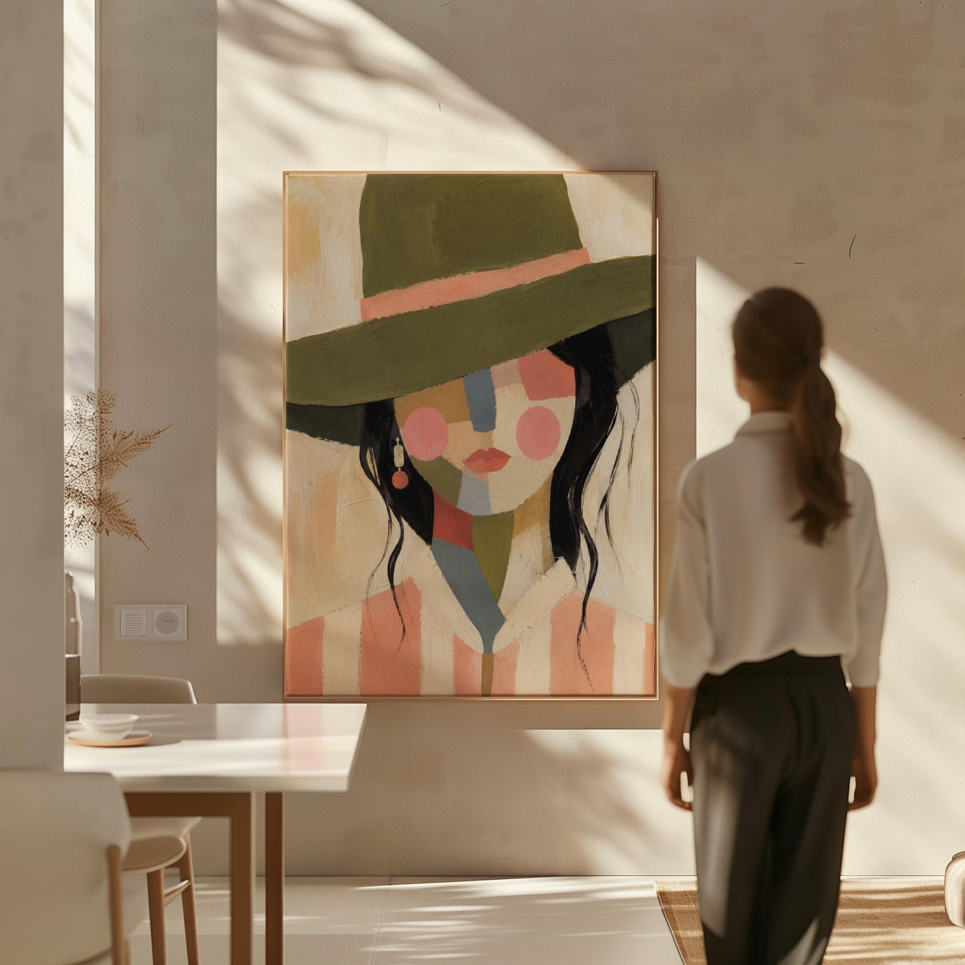 Cowgirl in olive hat with a patchwork face of soft color blocks, canvas print styled against a soft white wall