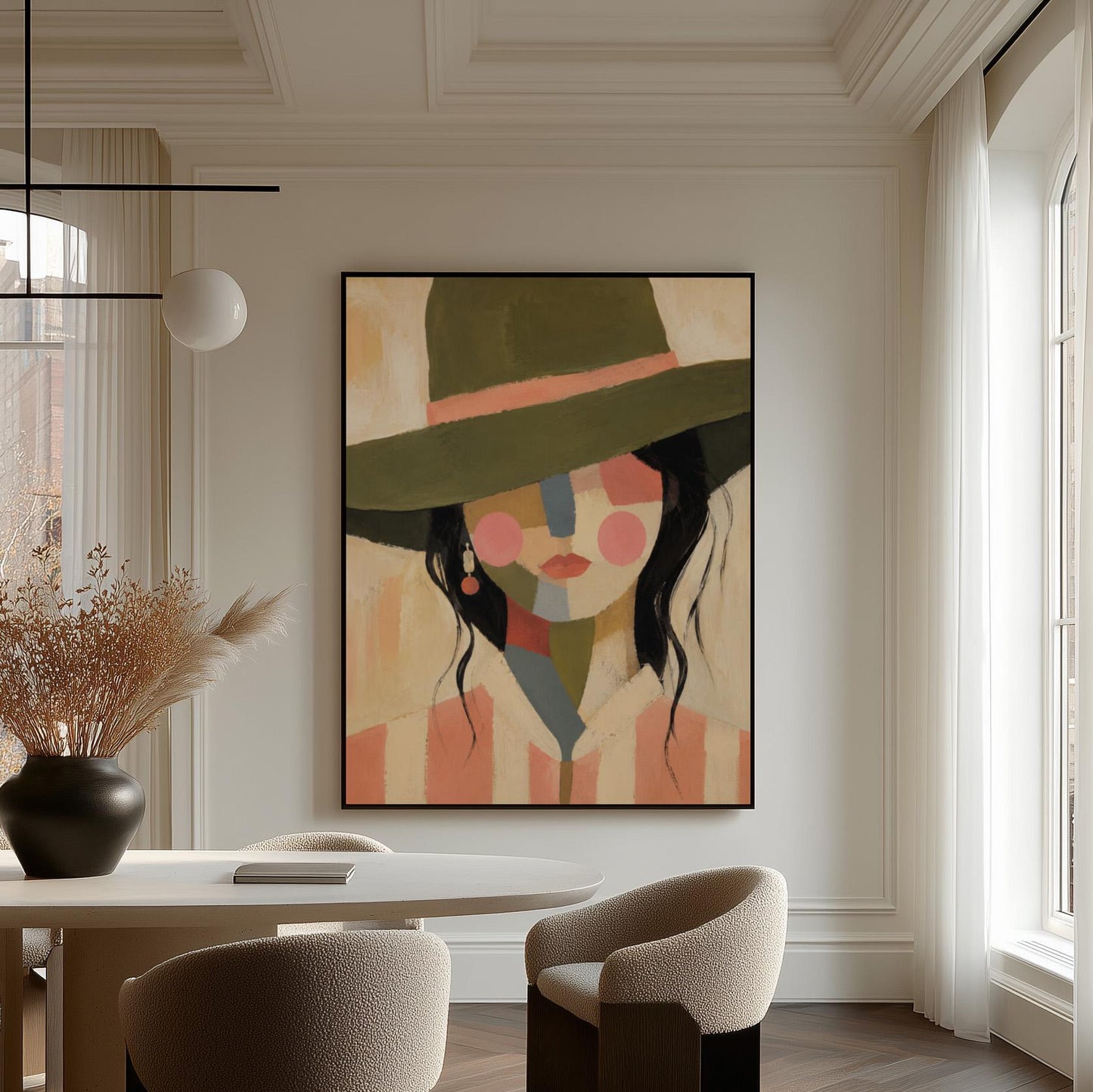 Cowgirl in olive hat with a patchwork face of soft color blocks, canvas print presented in a light, minimal room