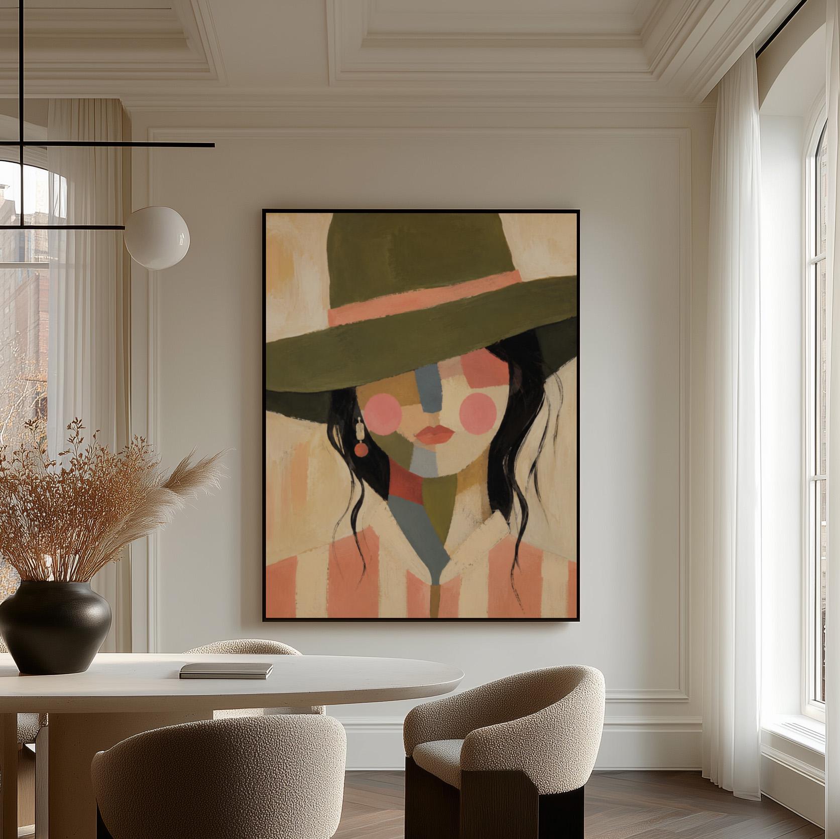 Cowgirl in olive hat with a patchwork face of soft color blocks, canvas print presented in a light, minimal room