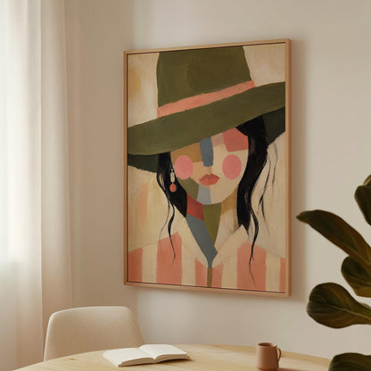 Cowgirl in olive hat with a patchwork face of soft color blocks, canvas print shown to scale in a furnished room