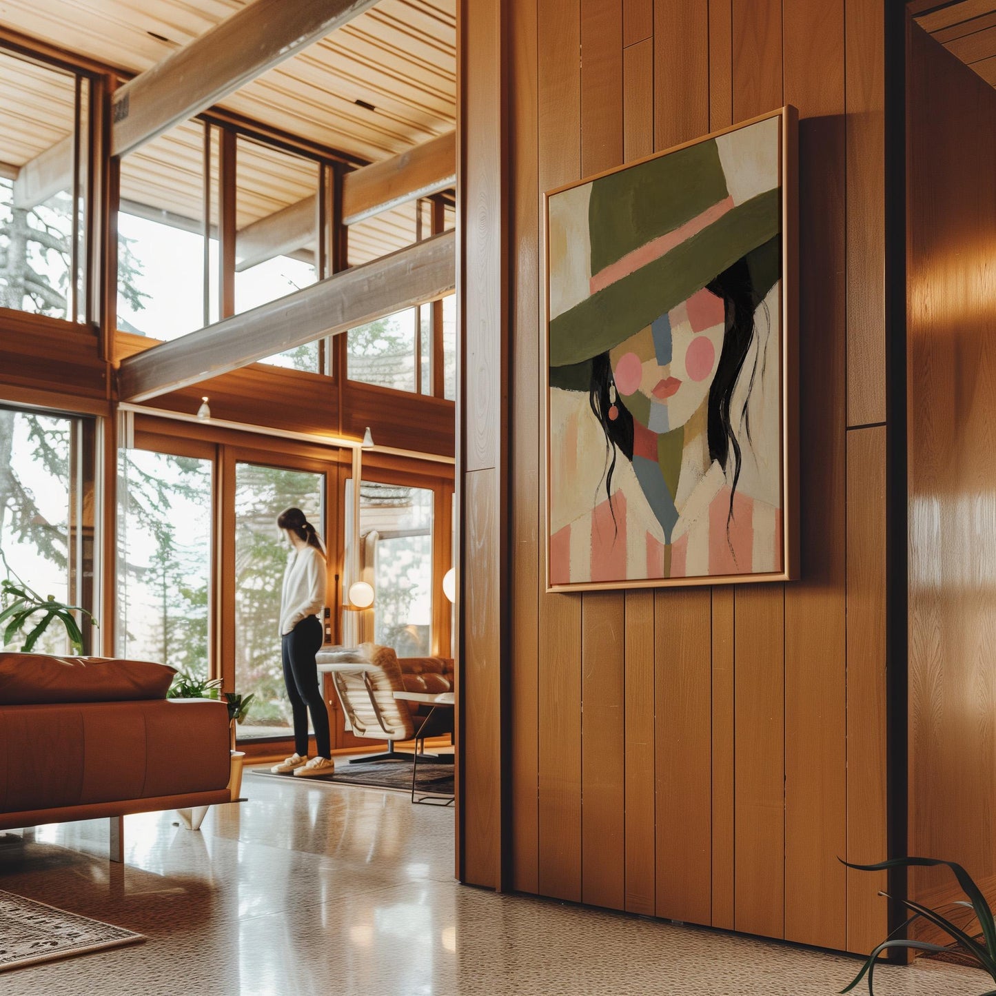 Cowgirl in olive hat with a patchwork face of soft color blocks, canvas wall art on a quiet wall in a considered interior