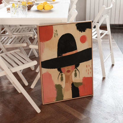 Woman in a wide black hat with olive earrings on red brushwork, canvas print styled against a soft white wall