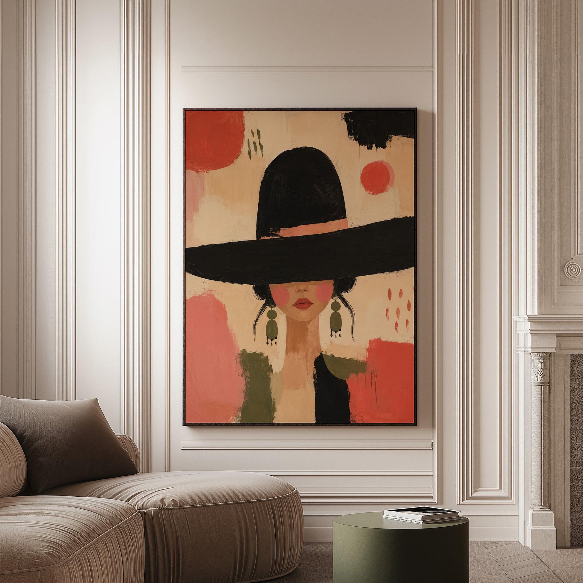 Woman in a wide black hat with olive earrings on red brushwork, canvas print on a softly lit wall in a calm interior