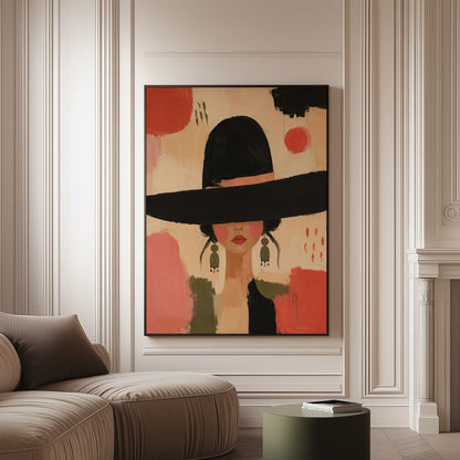 Woman in a wide black hat with olive earrings on red brushwork, canvas print on a softly lit wall in a calm interior
