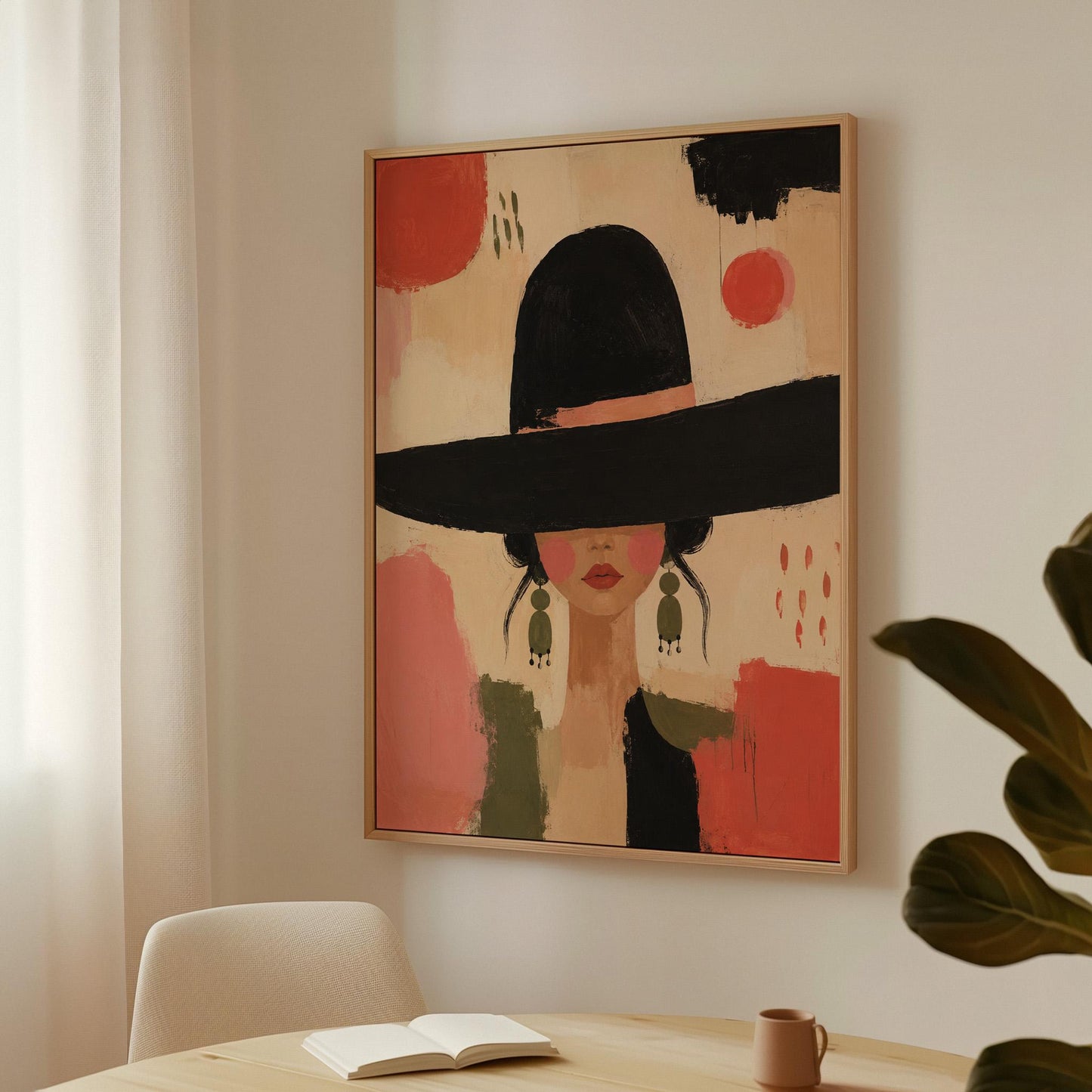 Woman in a wide black hat with olive earrings on red brushwork, canvas wall art styled against a soft white wall