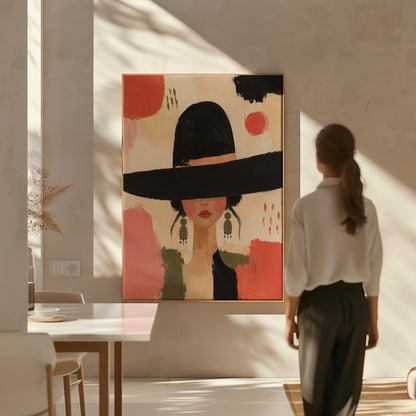 Woman in a wide black hat with olive earrings on red brushwork, canvas wall art presented in a light, minimal room