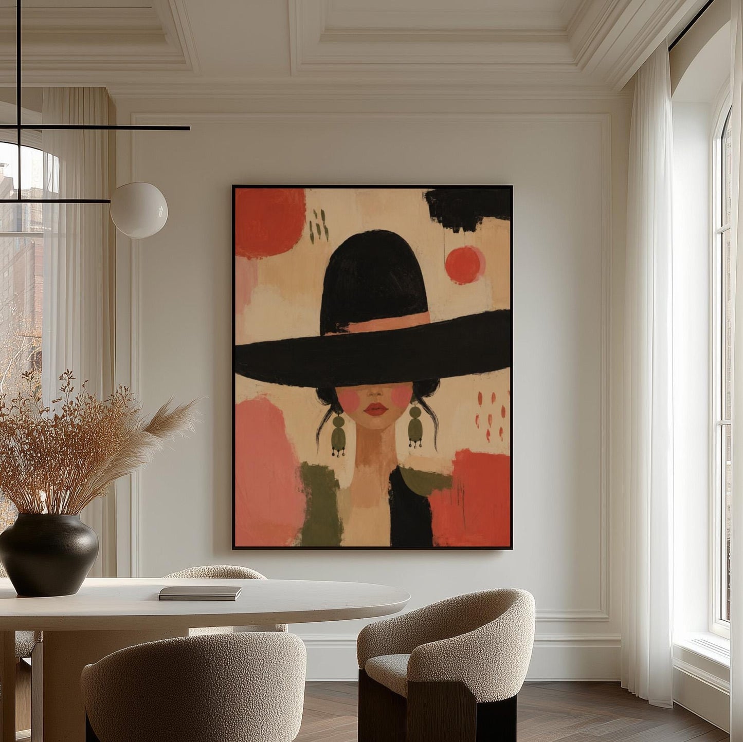 Woman in a wide black hat with olive earrings on red brushwork, canvas wall art on a quiet wall in a considered interior