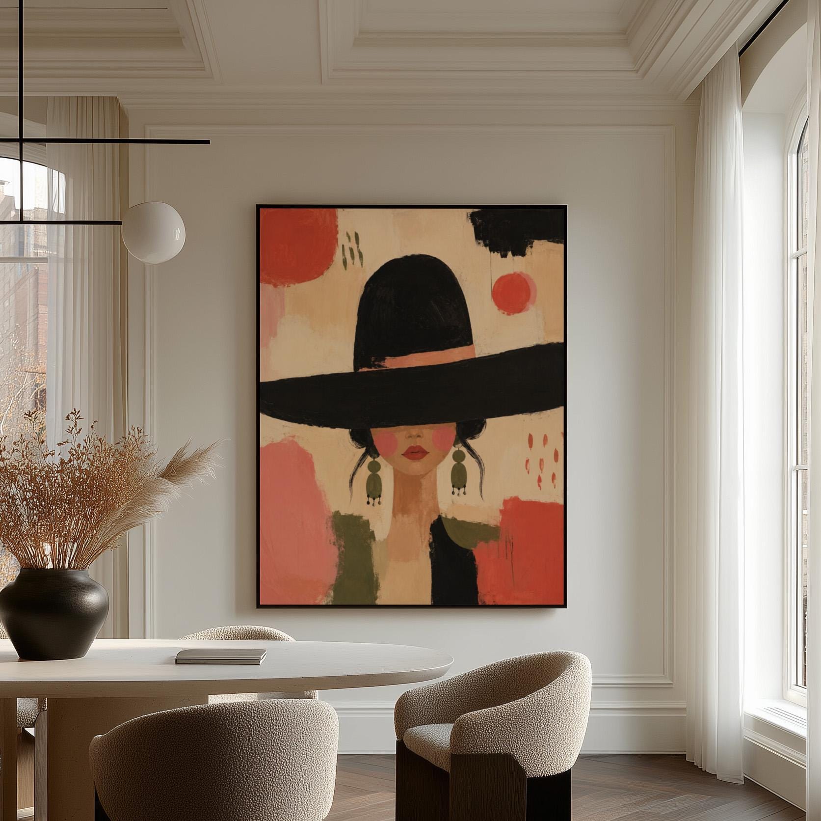 Woman in a wide black hat with olive earrings on red brushwork, canvas wall art on a quiet wall in a considered interior