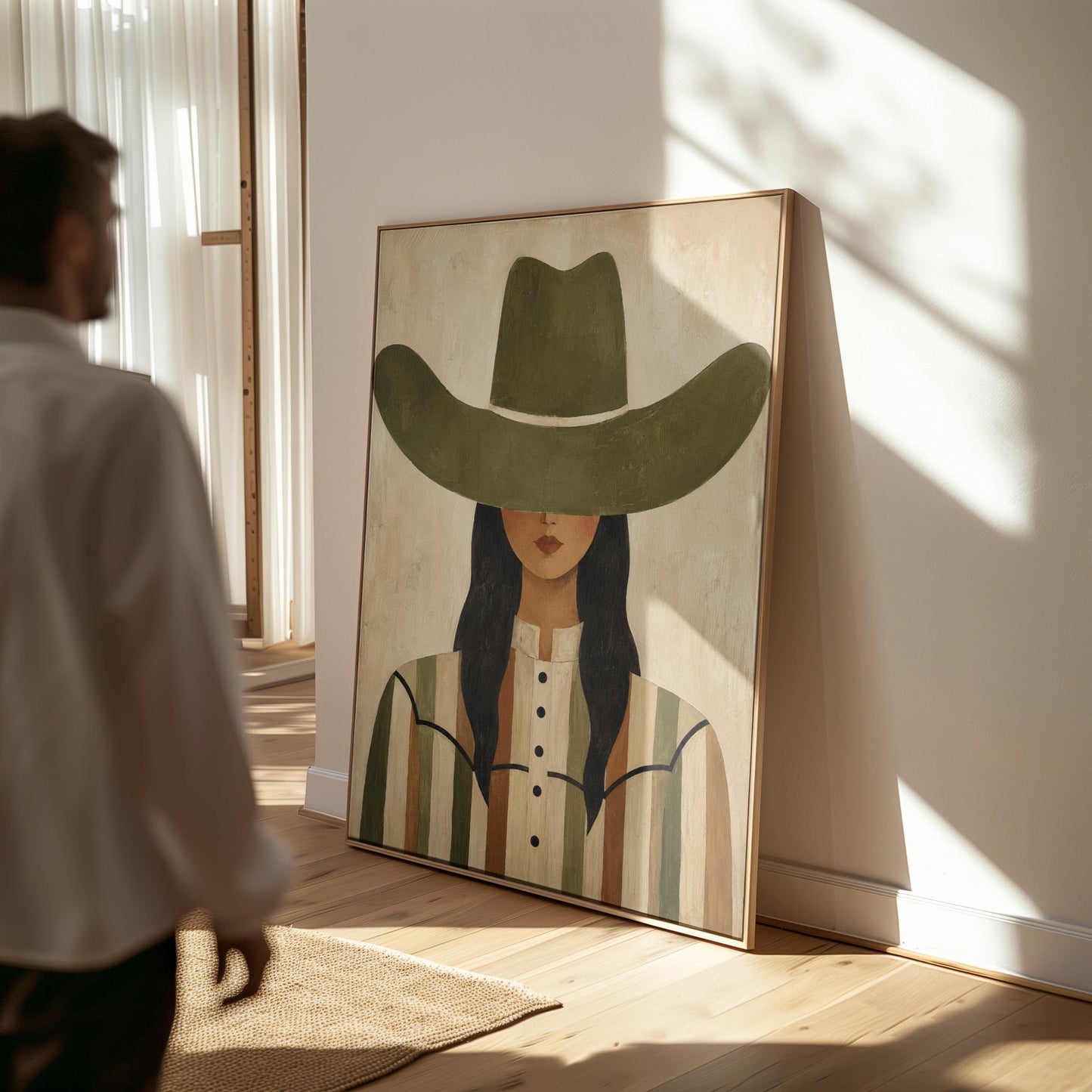 Cowgirl in olive hat and striped western shirt on sandy beige, canvas print hanging in a calm, modern living space