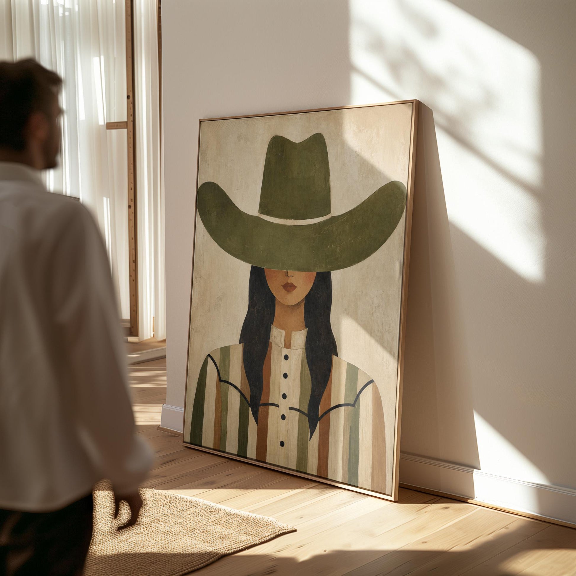 Cowgirl in olive hat and striped western shirt on sandy beige, canvas print hanging in a calm, modern living space